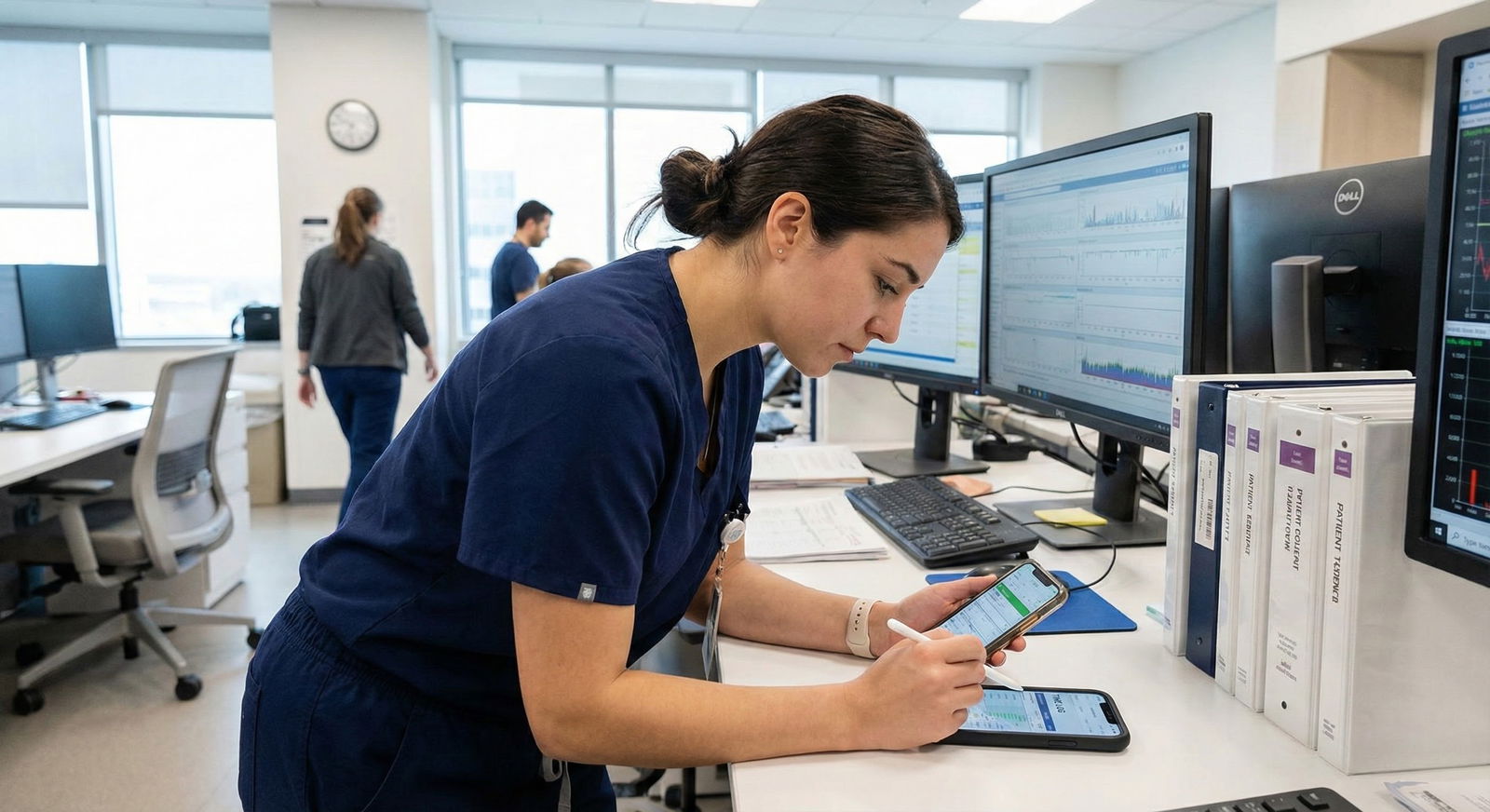 Resident tracking duty hours on phone in hospital workroom -  for How Are Residency Work Hours Actually Counted? A Clear Brea
