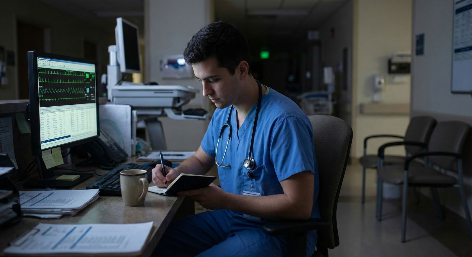 Resident updating a pocket notebook and checklist for on-call protocols -  for A Practical Algorithm for Handling Overnight H