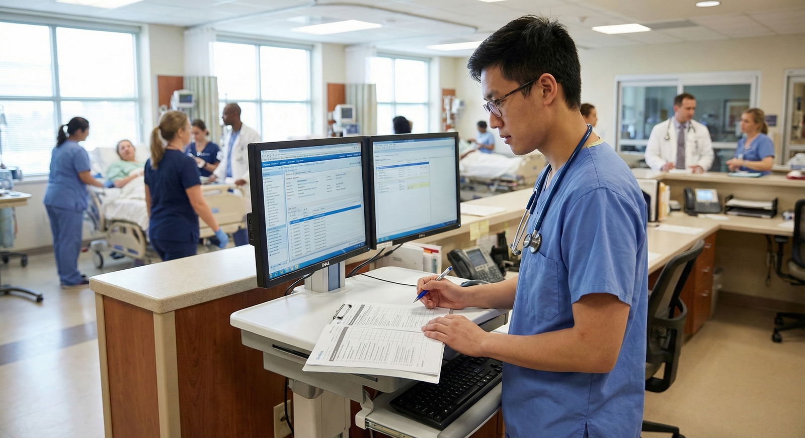 Resident updating handwritten patient task list on a busy ward -  for What If I Forget Orders or Tasks? Systems to Catch Your