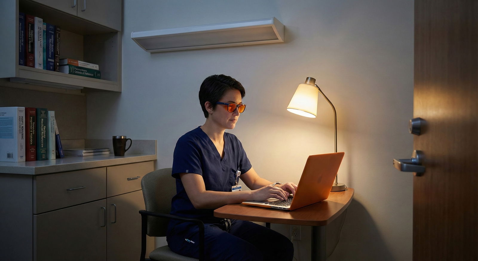 Resident using orange-tinted blue-blocking glasses in hospital call room -  for Blue Light, Screen Time, and Post-Shift Sleep