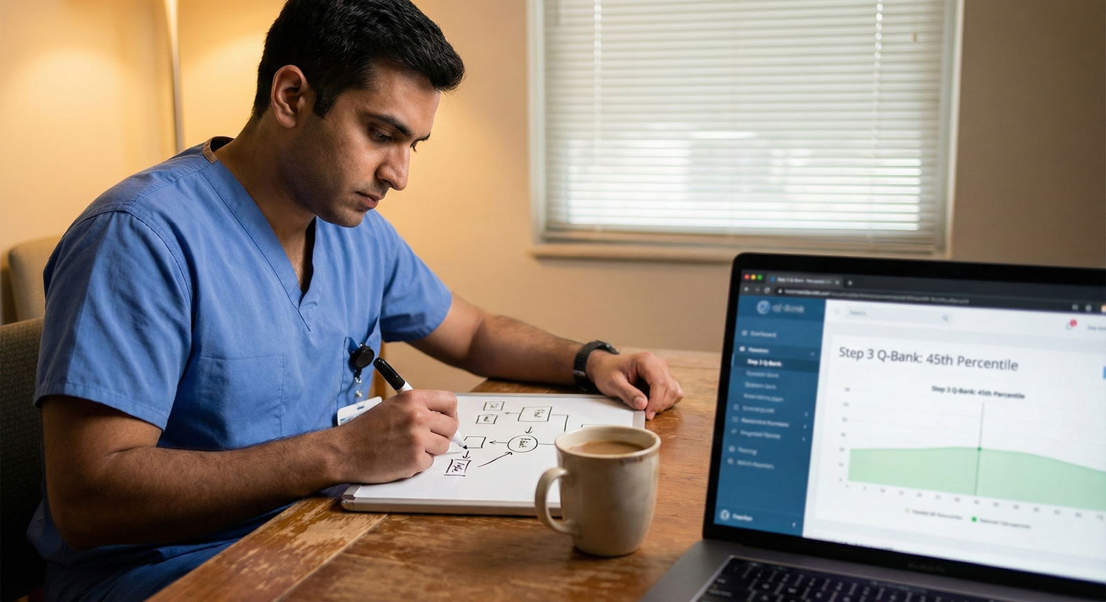 Resident using whiteboard to map clinical decision algorithms for Step 3 -  for Low Q-Bank Percentiles for Step 3? Here’s a F