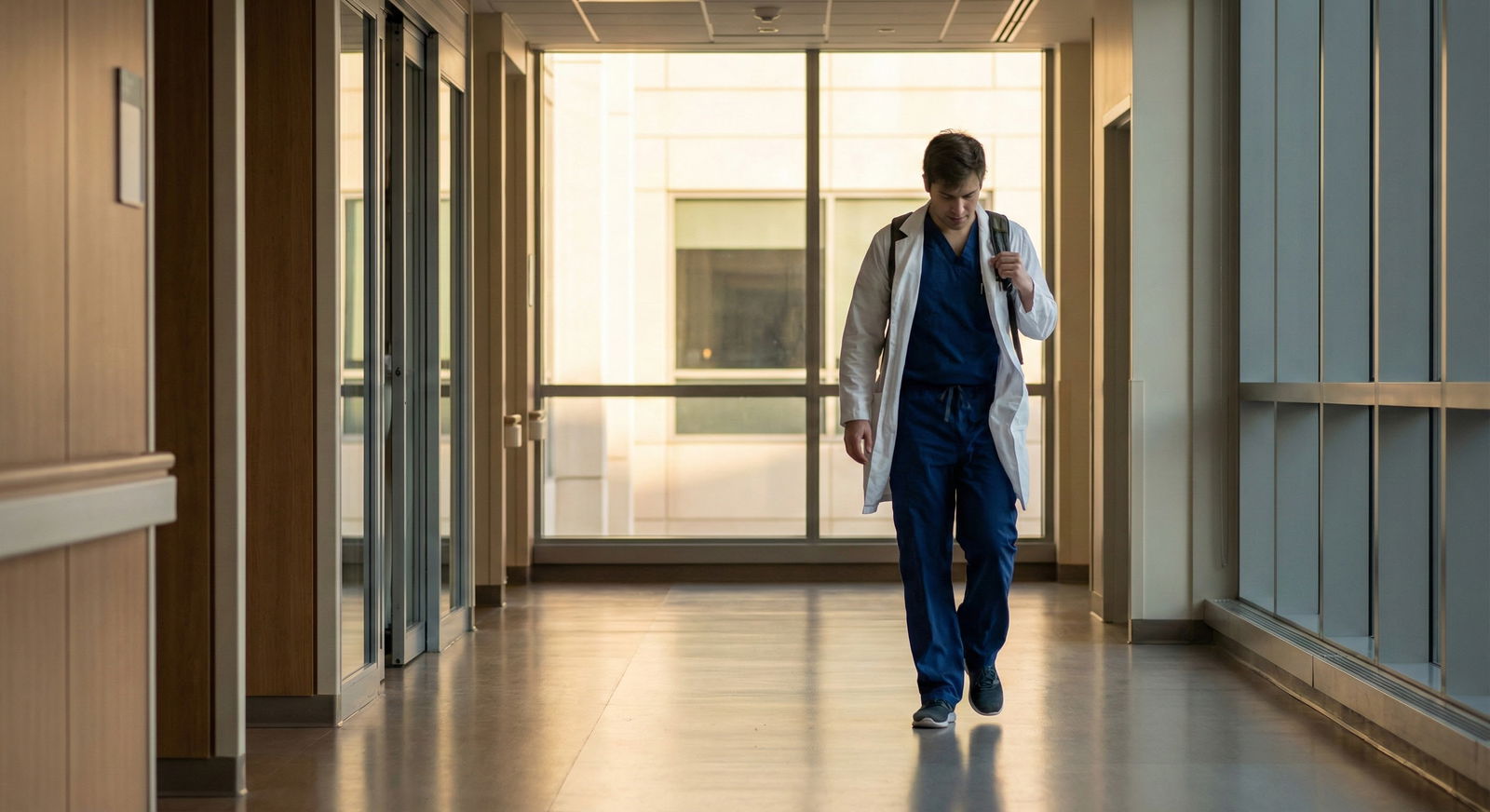 Resident walking through a hospital corridor at dawn after call Resident walking through a hospital corridor at dawn after call - for What If I Hate My Intern Year? How to Tell Crisis from
