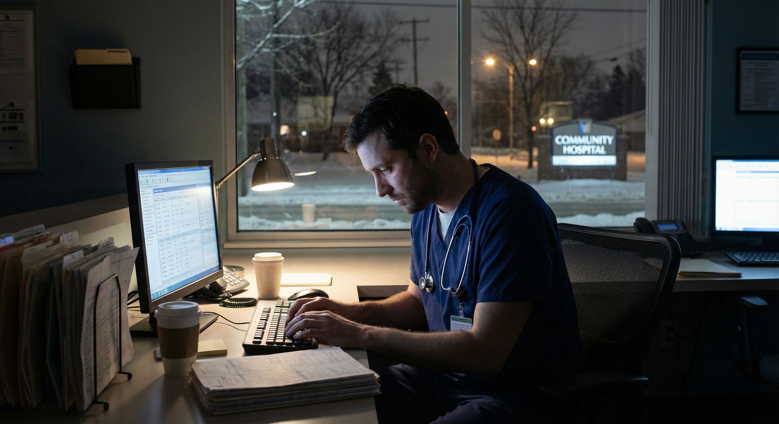 Resident physician stuck in traffic in a major city at dawn, visibly tired -  for Underestimating Commuting and Call Logistic