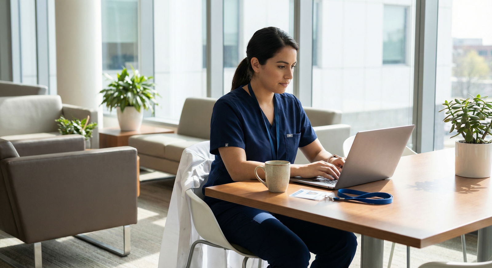 Resident physician reviewing NRMP communication policies on a laptop in a hospital workroom -  for Email vs Verbal NRMP Viola