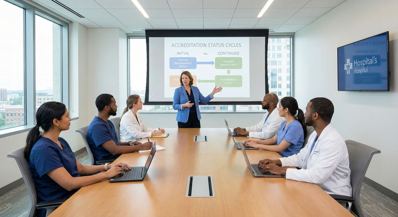 Residents and program director in a teaching conference -  for What Does ‘Initial Accreditation’ vs ‘Continued’ Really Mean f