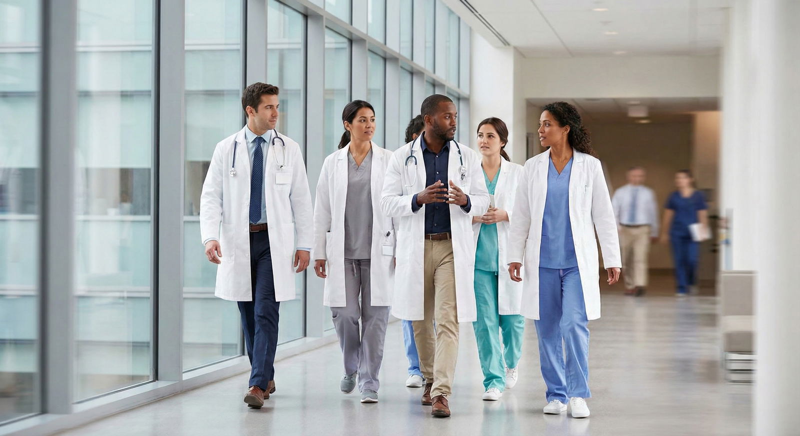 Residents from diverse backgrounds walking through a hospital corridor -  for US vs International Med School Grads: Post-Matc