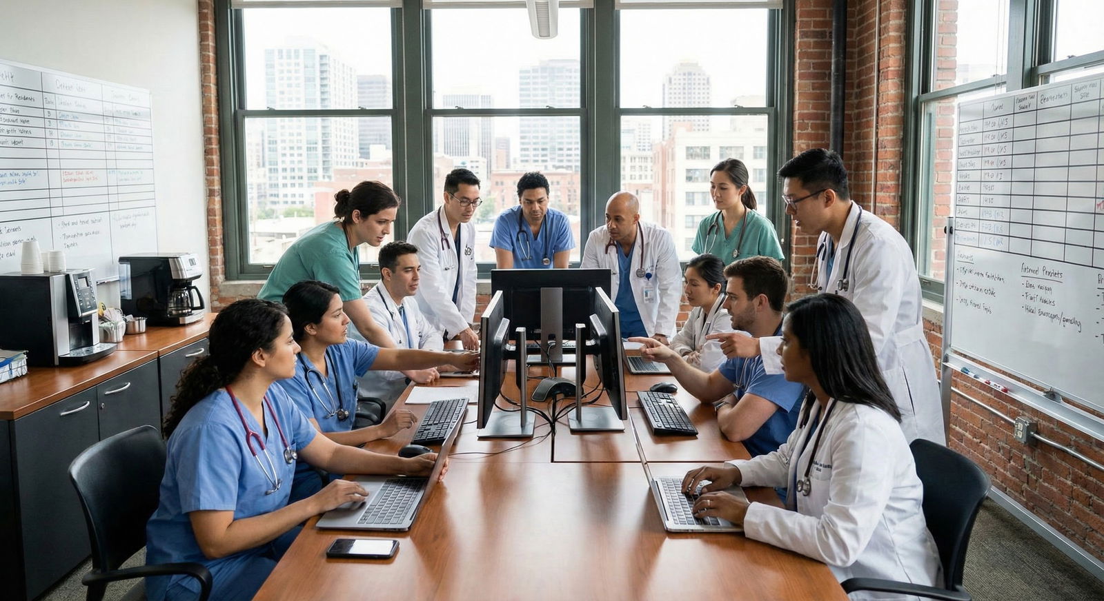 Residents in a medium-sized residency program working together in a hospital team room -  for Program Size and Rank List Leng