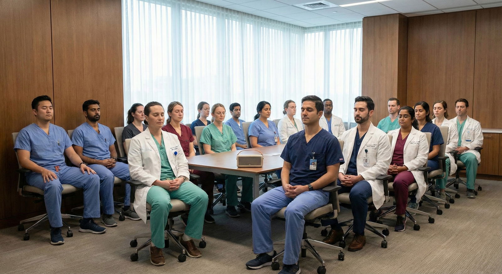 Residents practicing mindfulness in a hospital conference room -  for Cost‑Benefit Analysis: Funding Mindfulness Curricula in