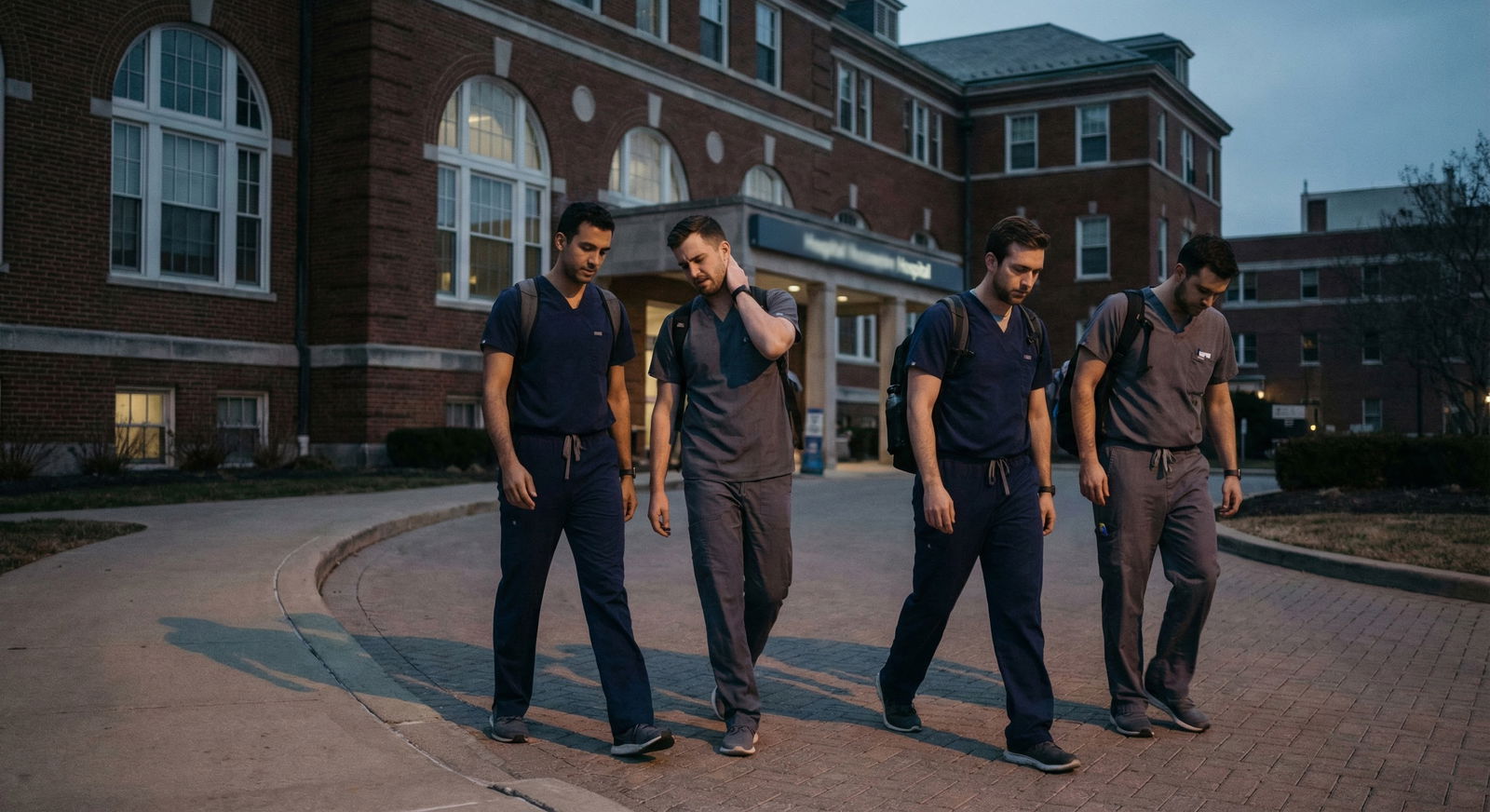 Resident physician walking alone on a city street at dusk, hospital towers in the background -  for Why Overvaluing City Loca
