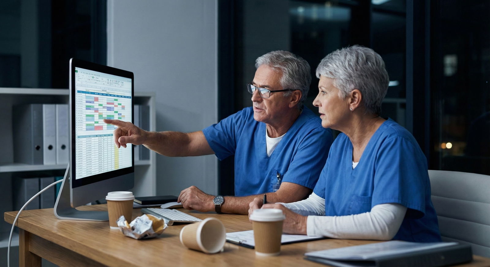 Senior residents reviewing schedules and compensation details in a hospital workroom at night -  for How Senior Residents Qui