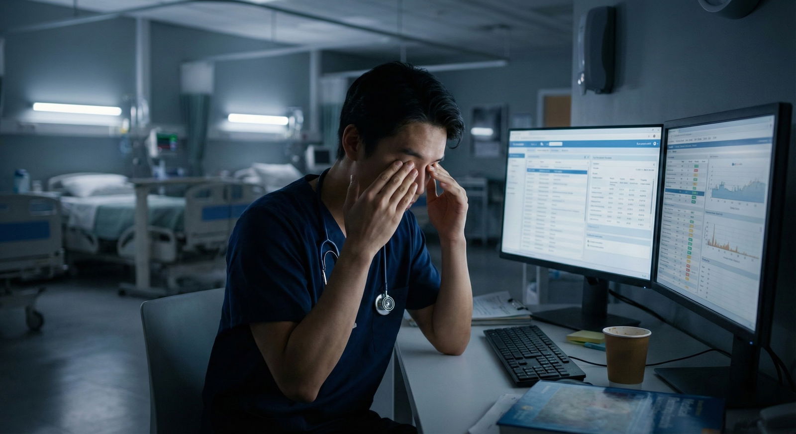 Resident reviewing patient list late at night -  for What’s the Right Way to Tell a Senior I’m Overwhelmed with Patients?