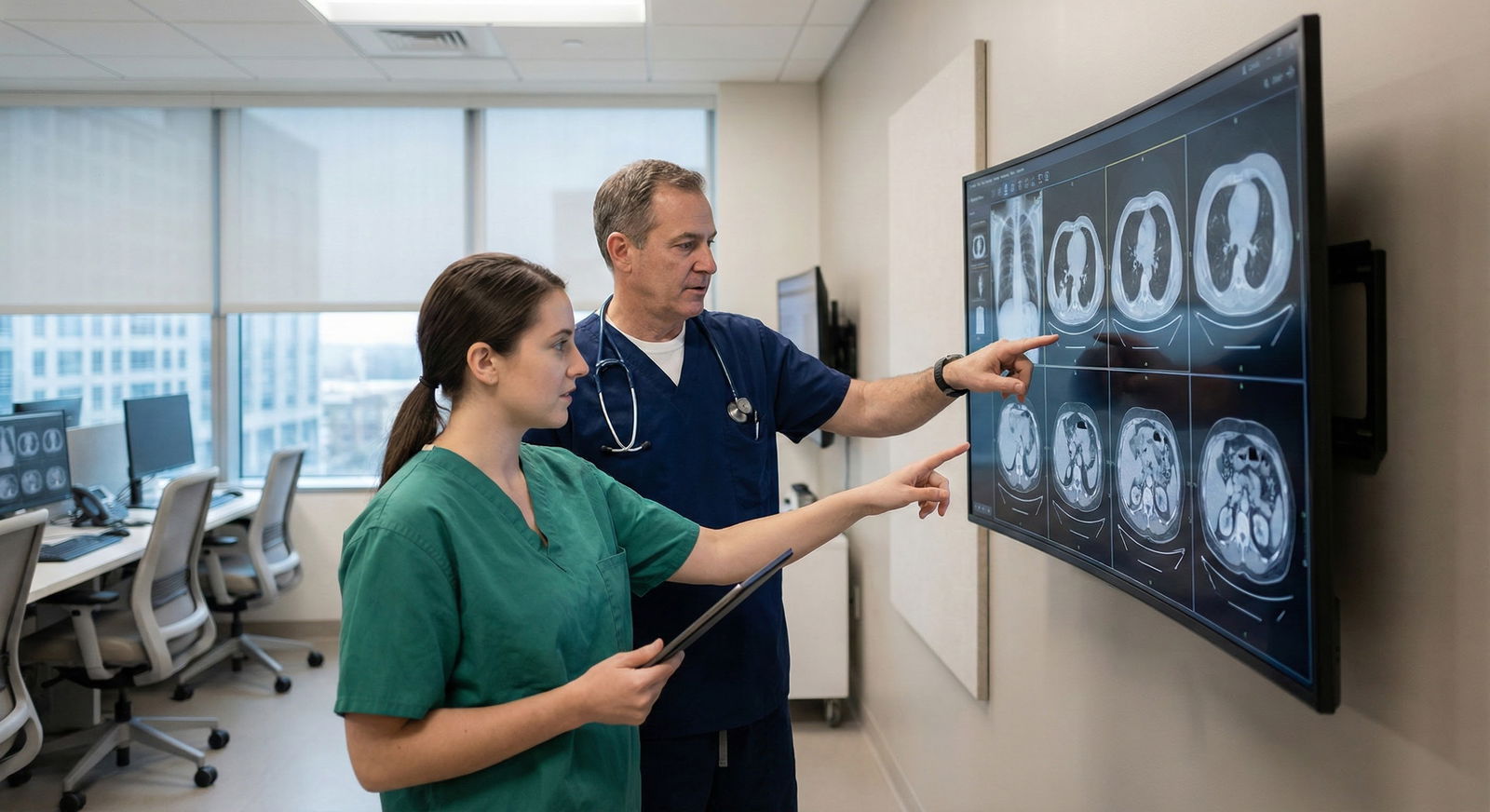 Specialist and intern reviewing imaging for a consult case -  for Consults for Interns: Efficiently Calling, Documenting, and