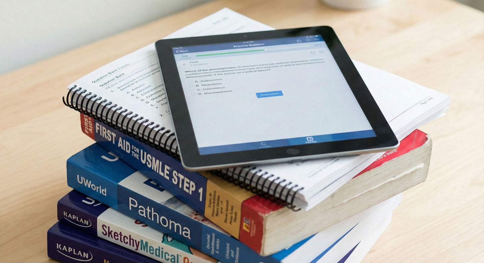 Stack of different USMLE prep resources emphasizing variety -  for First Aid Is Not a Bible: What the Evidence Shows About It