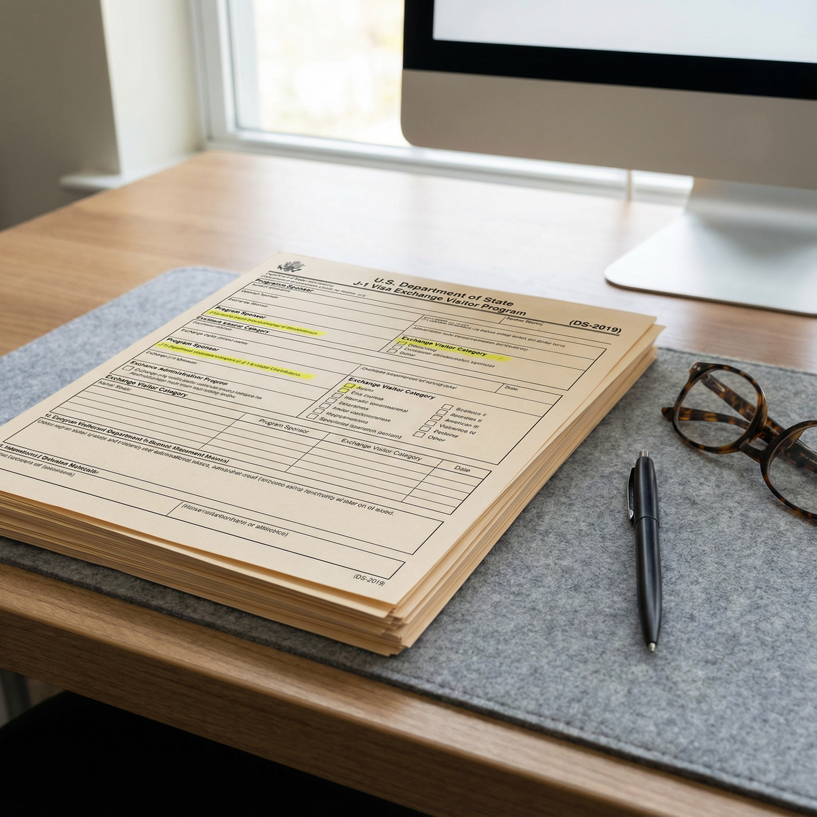 Stack of DS-2019 forms with highlighted 212(e) sections -  for Costly J-1 Missteps That Trigger the 2-Year Rule When You Didn