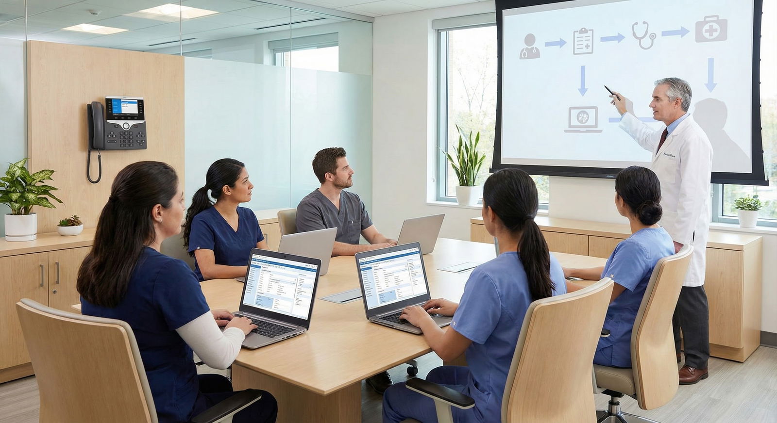 Two young physicians in an empty medical office, one leaving while the other looks stressed with a folder of contracts -  for