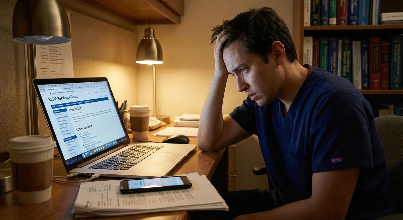 Medical student anxiously checking multiple residency SOAP offers on laptop and phone -  for What If I Get Multiple SOAP Offe