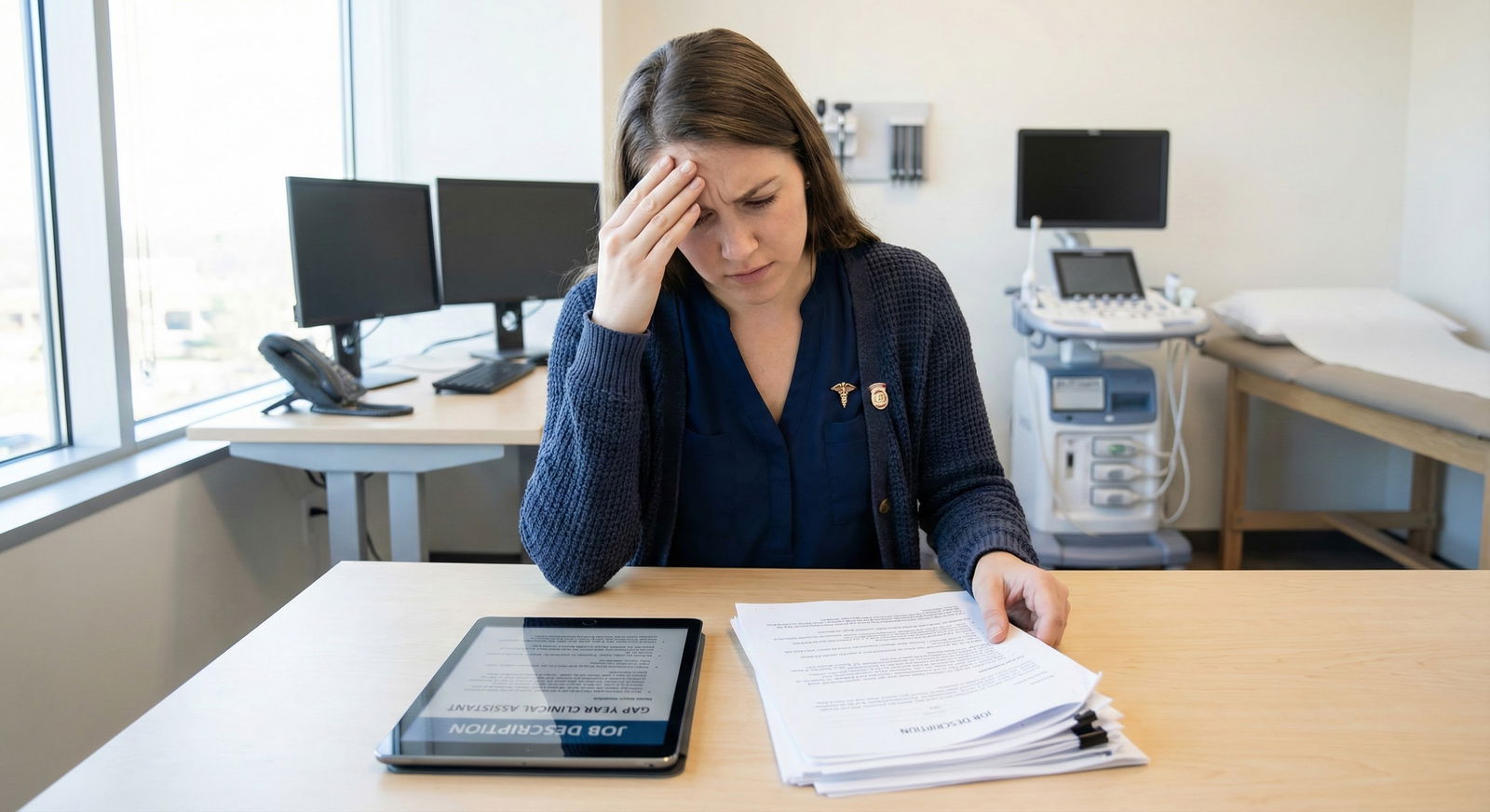 Stressed medical graduate in clinic office during gap year Stressed medical graduate in clinic office during gap year - for If Your Gap Year Clinical Job Isn’t What Was Promised: Next