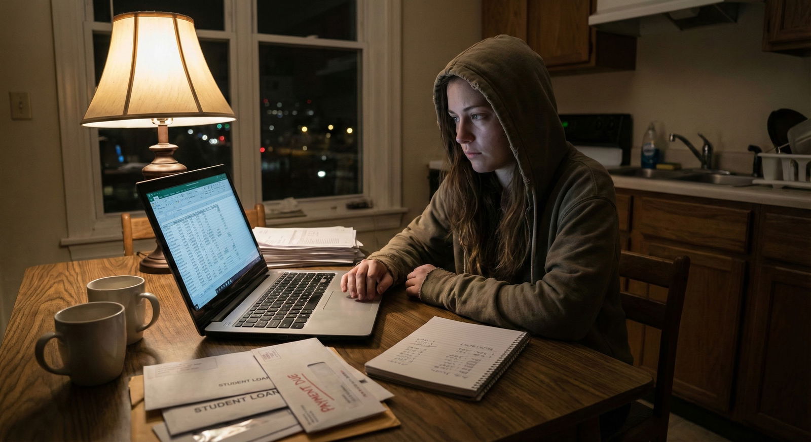 Stressed medical graduate reviewing finances after not matching -  for Didn’t Match and Carrying Significant Debt: Financial