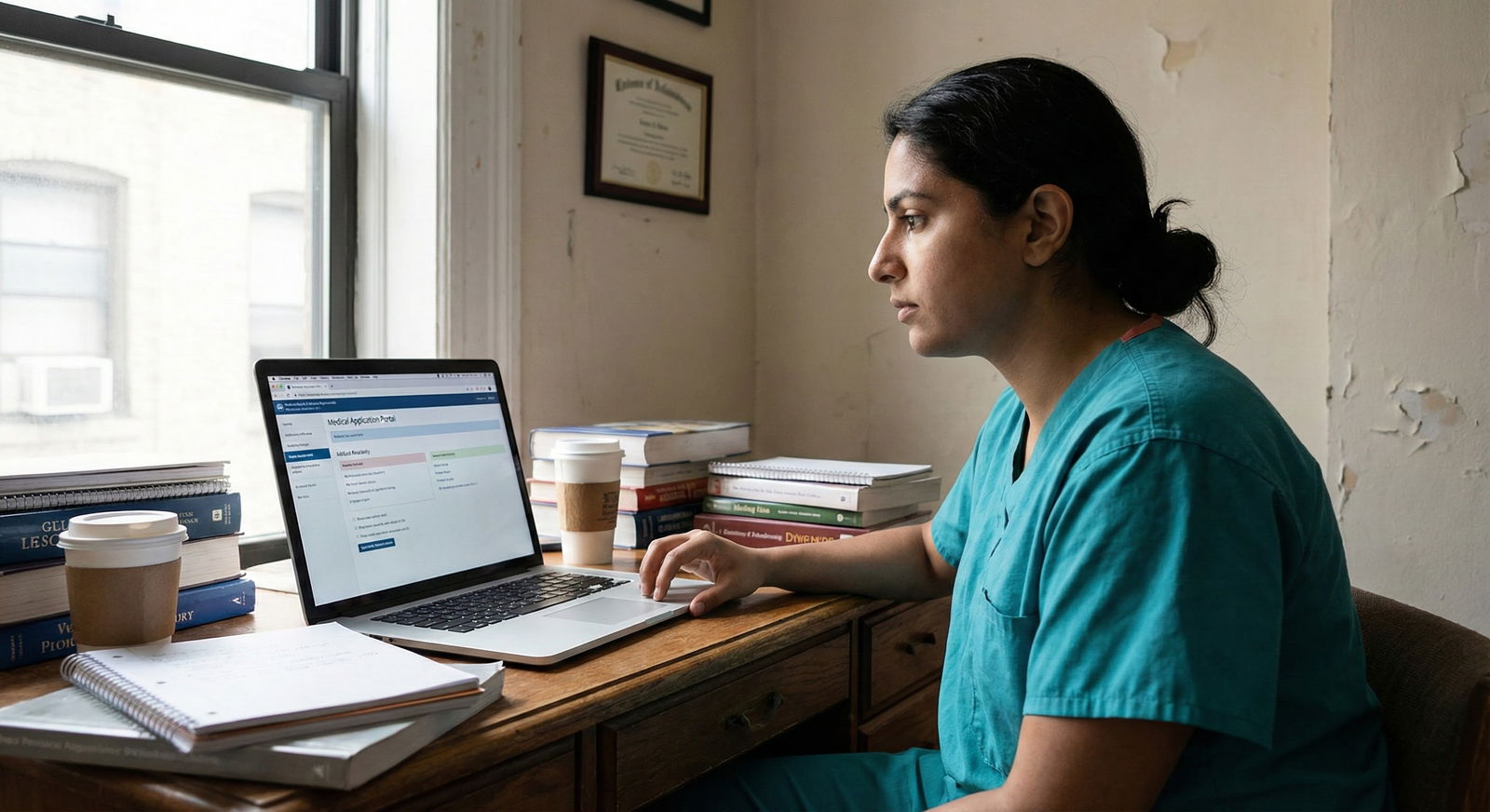 Disappointed residency applicant reviewing Match results on a laptop at night -  for You Must Switch to a ‘Less Competitive’