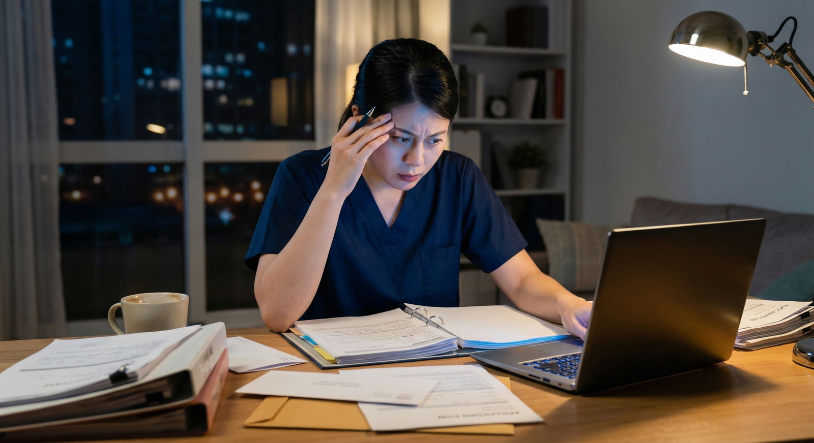Stressed medical graduate reviewing residency match results alone at night -  for Reapplying After No Match: Common Errors Th