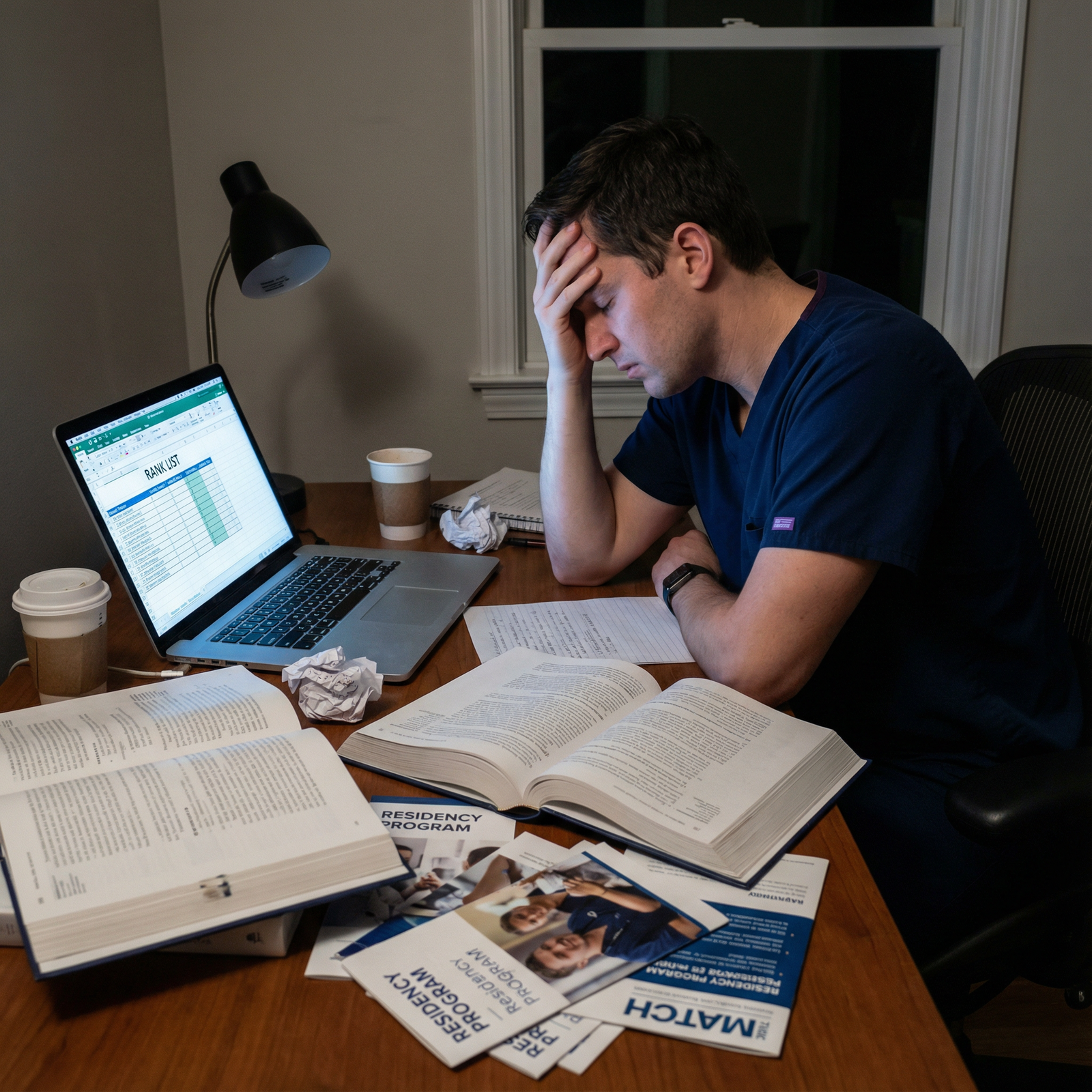 Resident physician reviewing rank list on laptop with research posters in background -  for How to Rank Physician‑Scientist T