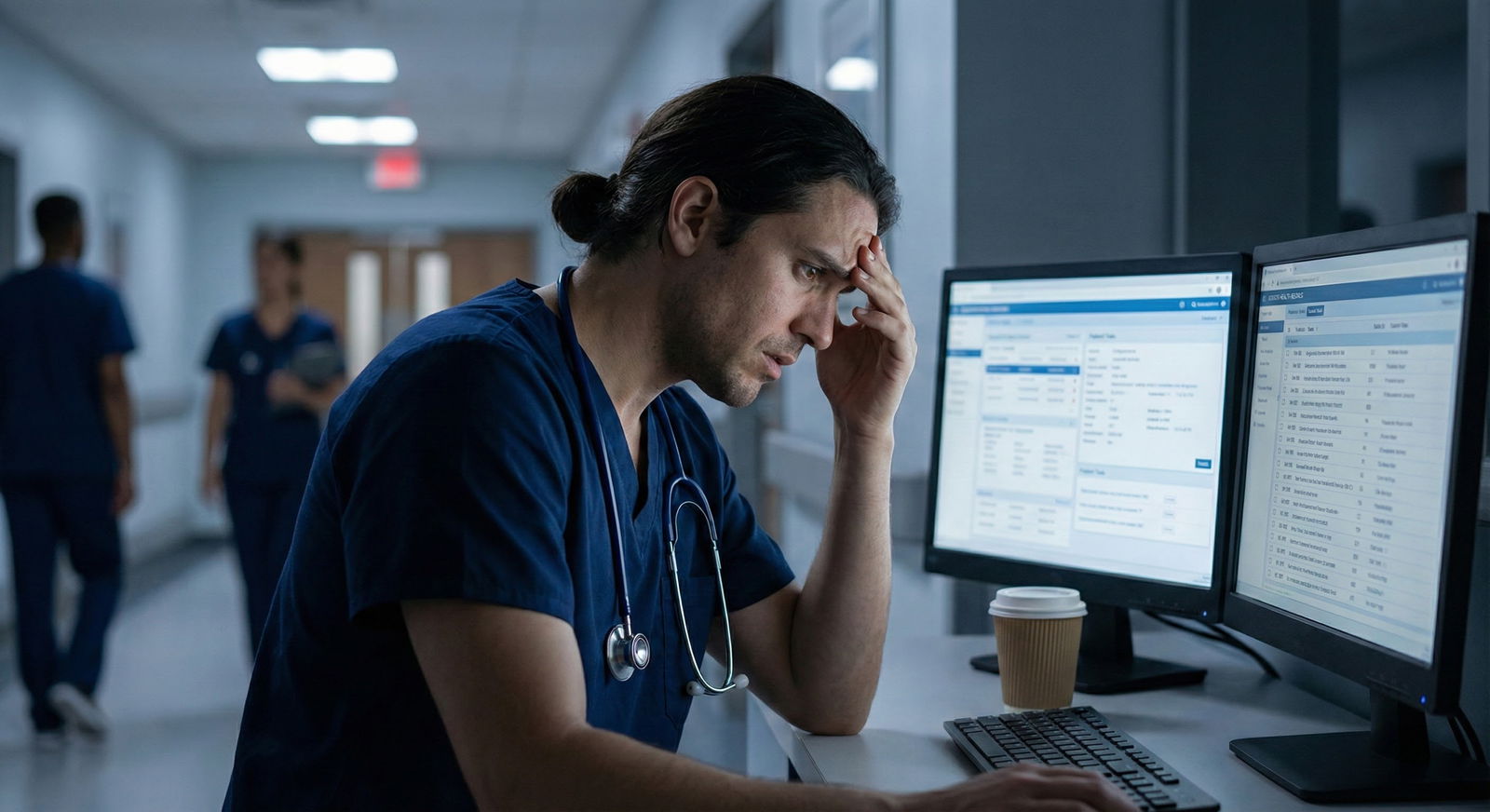 Stressed medical resident reviewing patient orders late at night -  for What If I Forget Orders or Tasks? Systems to Catch Yo