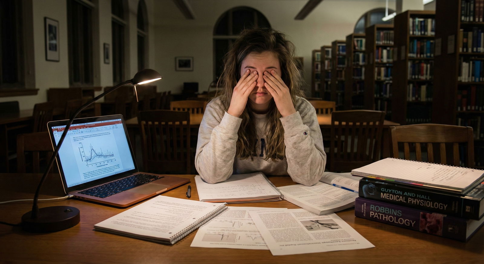 Stressed medical student alone in a study room late at night -  for Attrition, LOAs, and Mental Health: What the Numbers Say