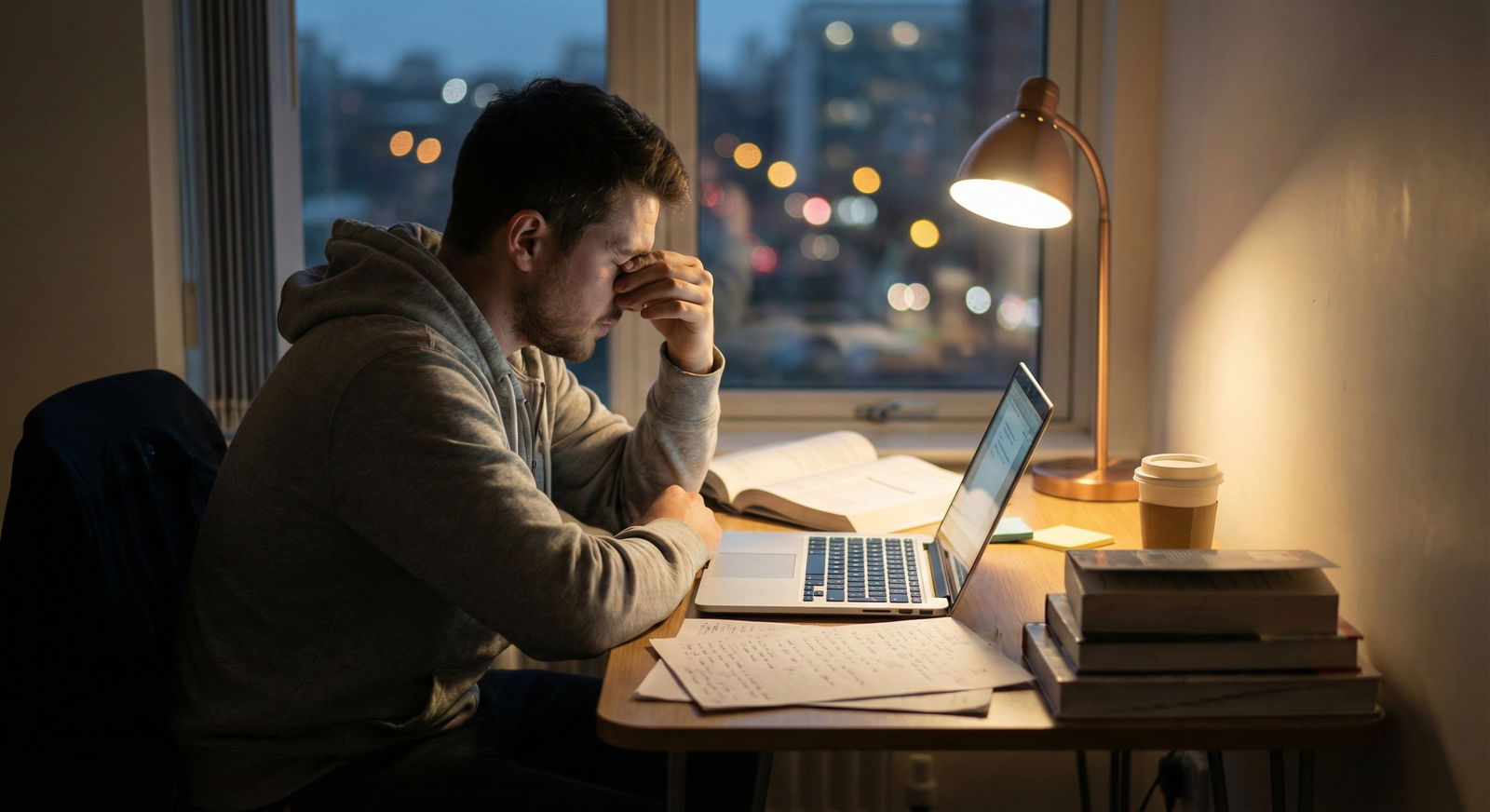 Stressed medical student alone in apartment at night -  for When You Can’t Go Home for Support: Building a Local Mental Safet