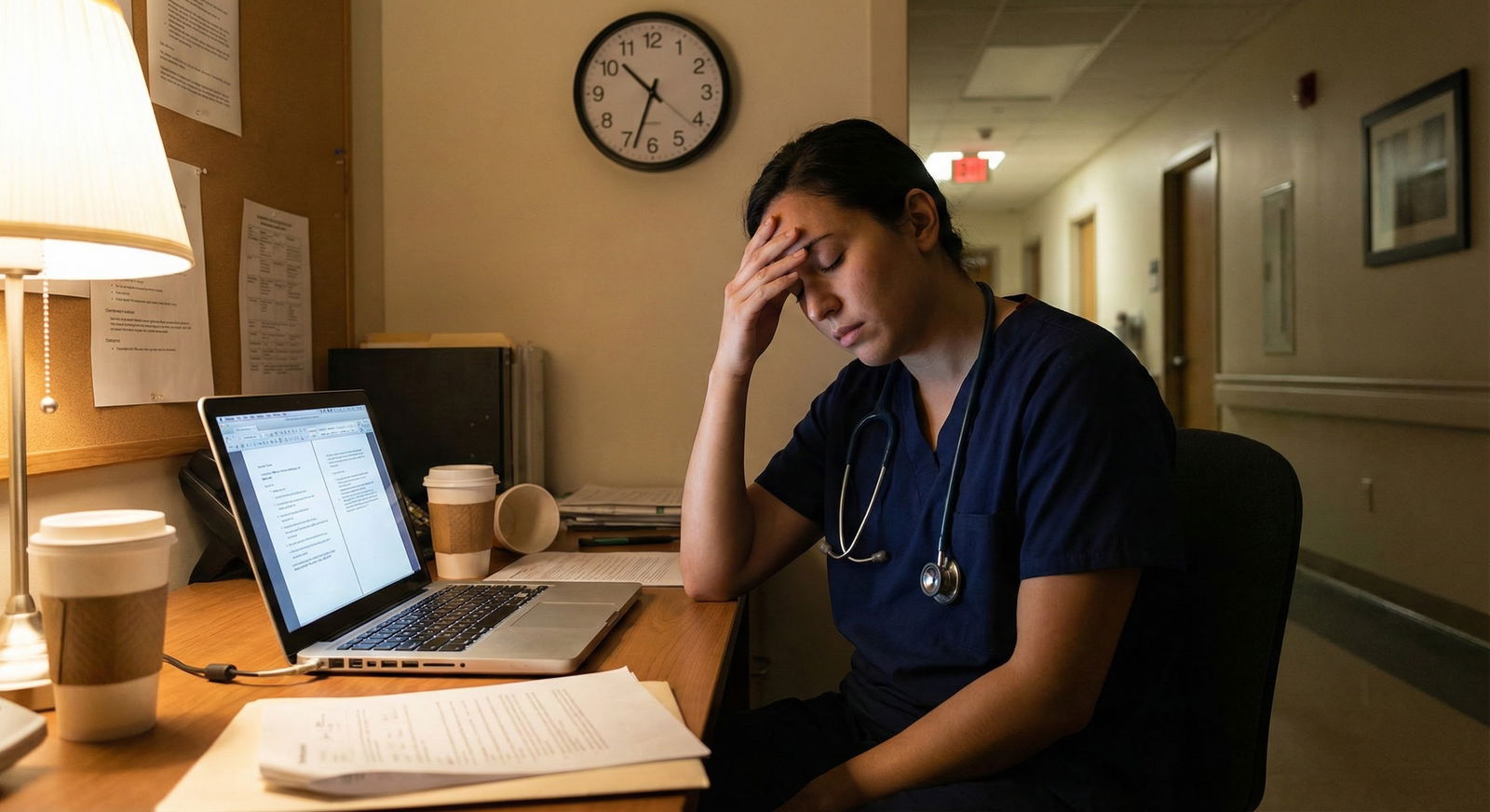 Stressed medical student on hospital rotation quietly studying in call room -  for How to Handle Test Anxiety When You Can’t