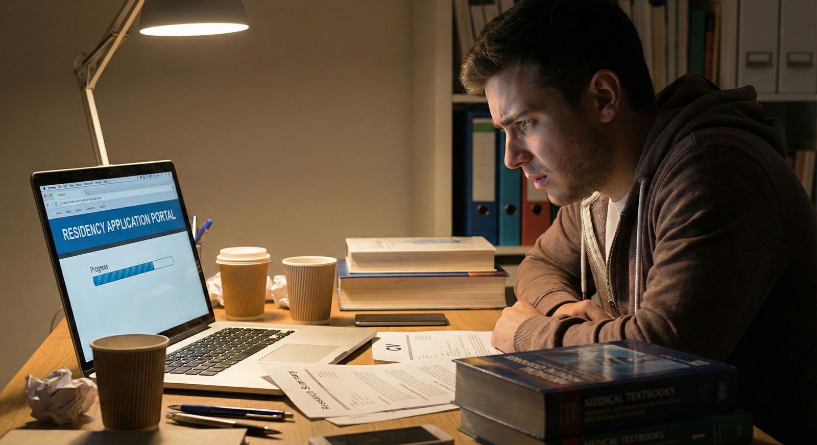 Medical student updating ERAS research section on a laptop at a desk with papers and articles -  for Should You List Submitte
