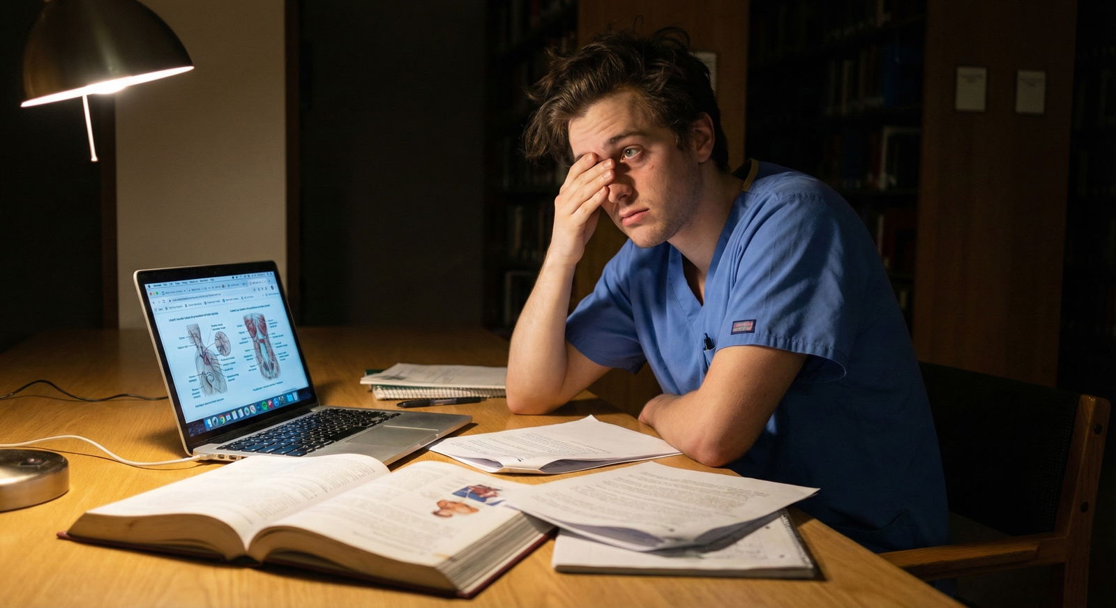 Stressed medical student studying late at night -  for How Much Anxiety Is ‘Normal’ in Med School vs When to Get Help?