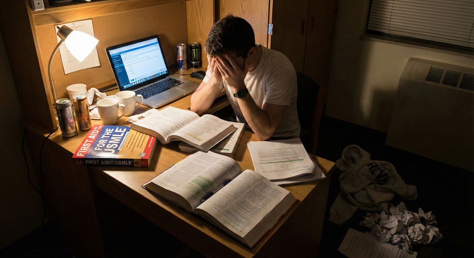 Stressed medical student surrounded by board prep books and a laptop -  for I Failed Boards Using Popular Resources: Are Any