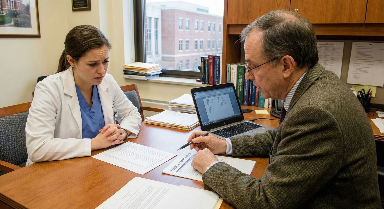 Stressed medical student talking with advisor about residency specialty choice -  for How to Handle Doubts When Your Advisor