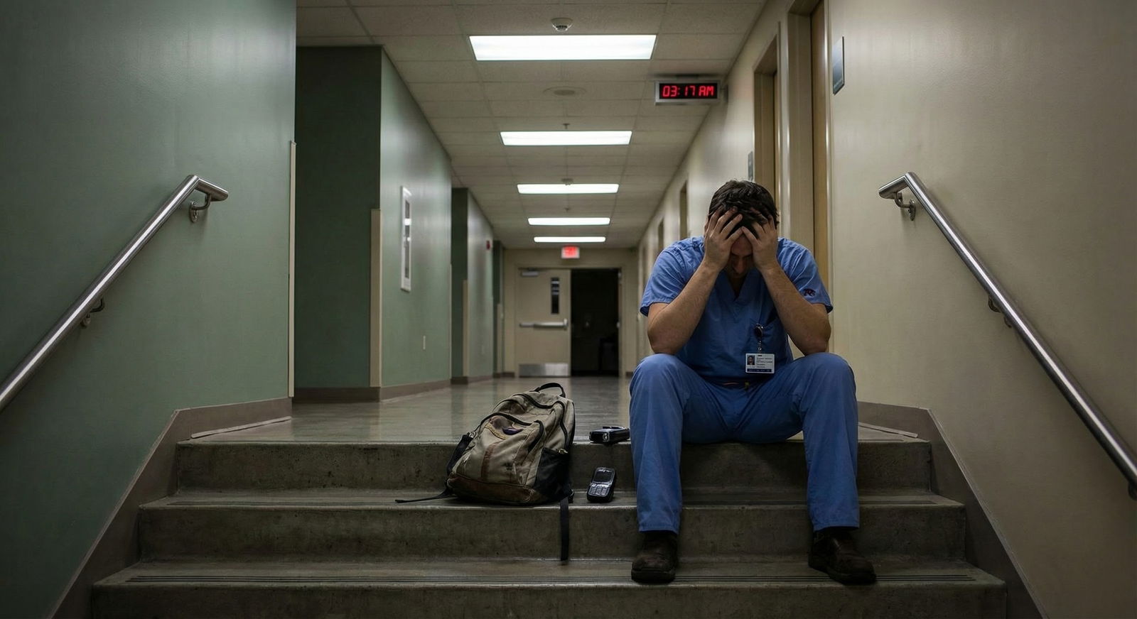Stressed medical trainee sitting alone in hospital stairwell Stressed medical trainee sitting alone in hospital stairwell - for What If I Try Mindfulness and It Doesn’t Work—Am I Just S