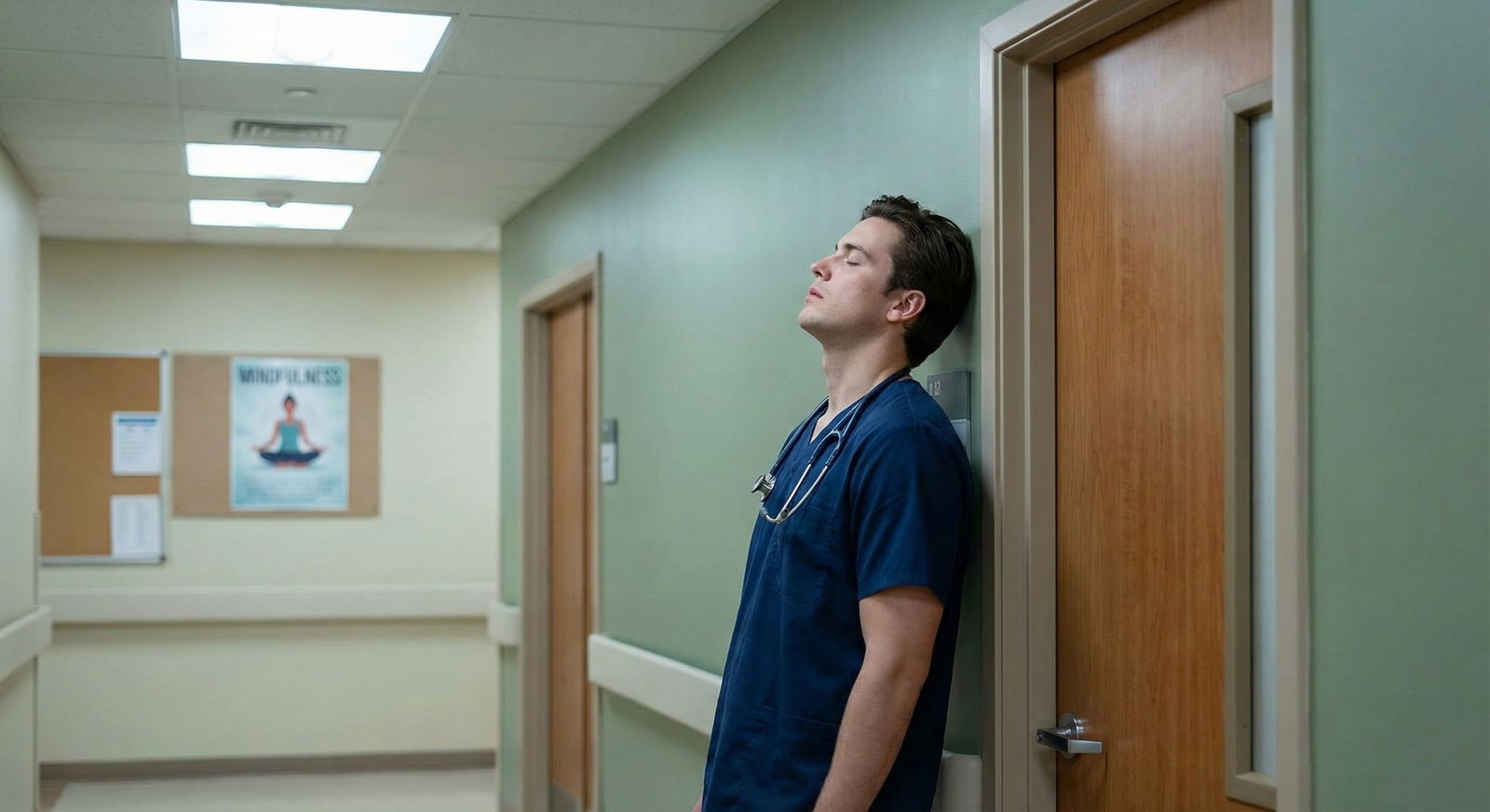 Stressed young physician pausing outside exam room -  for I Lose My Cool With Difficult Patients: Can Mindfulness Really Help