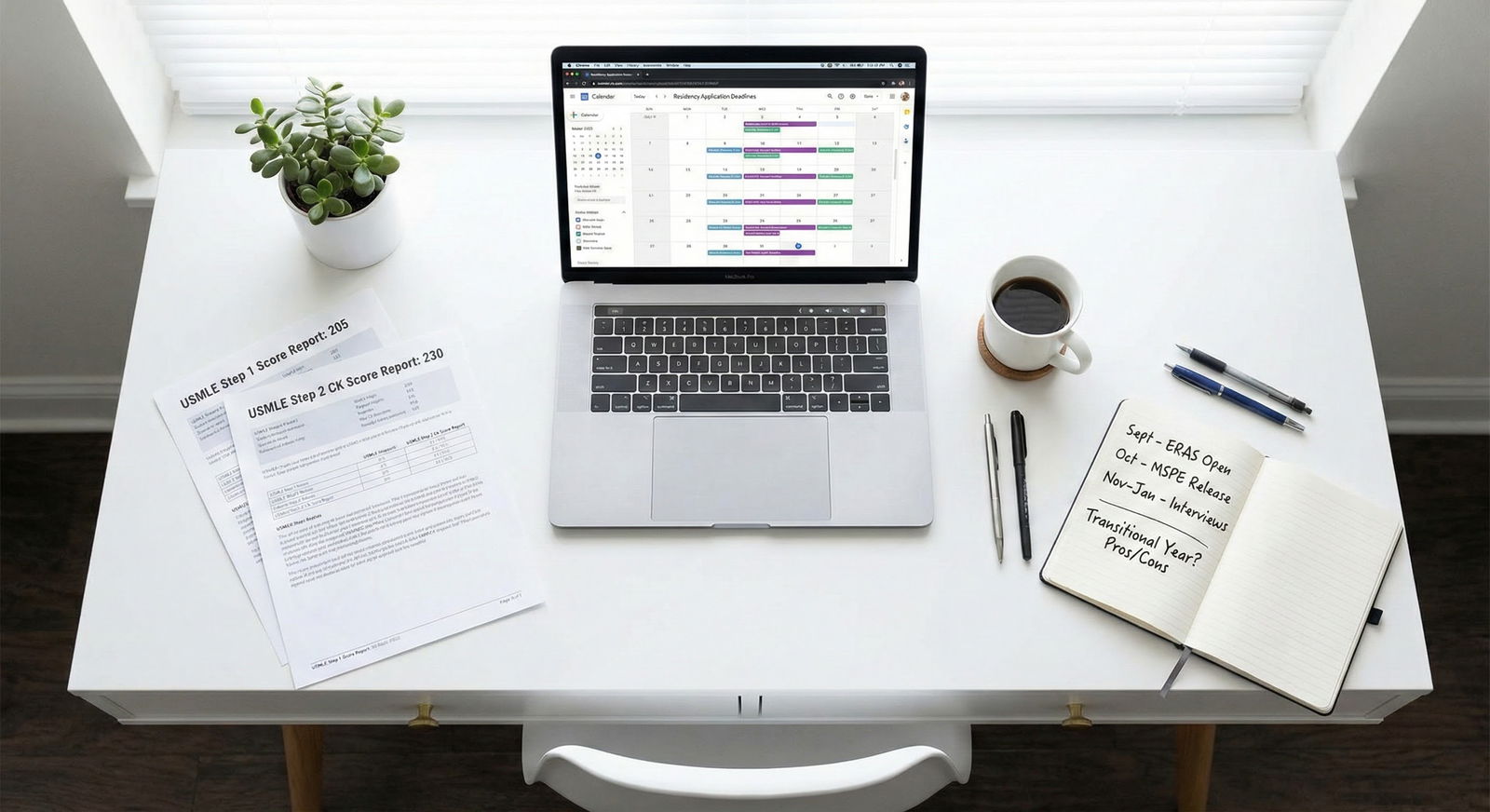 Student at desk planning residency timeline with calendar and notes -  for Will a Transitional Year Help Me Recover from Low