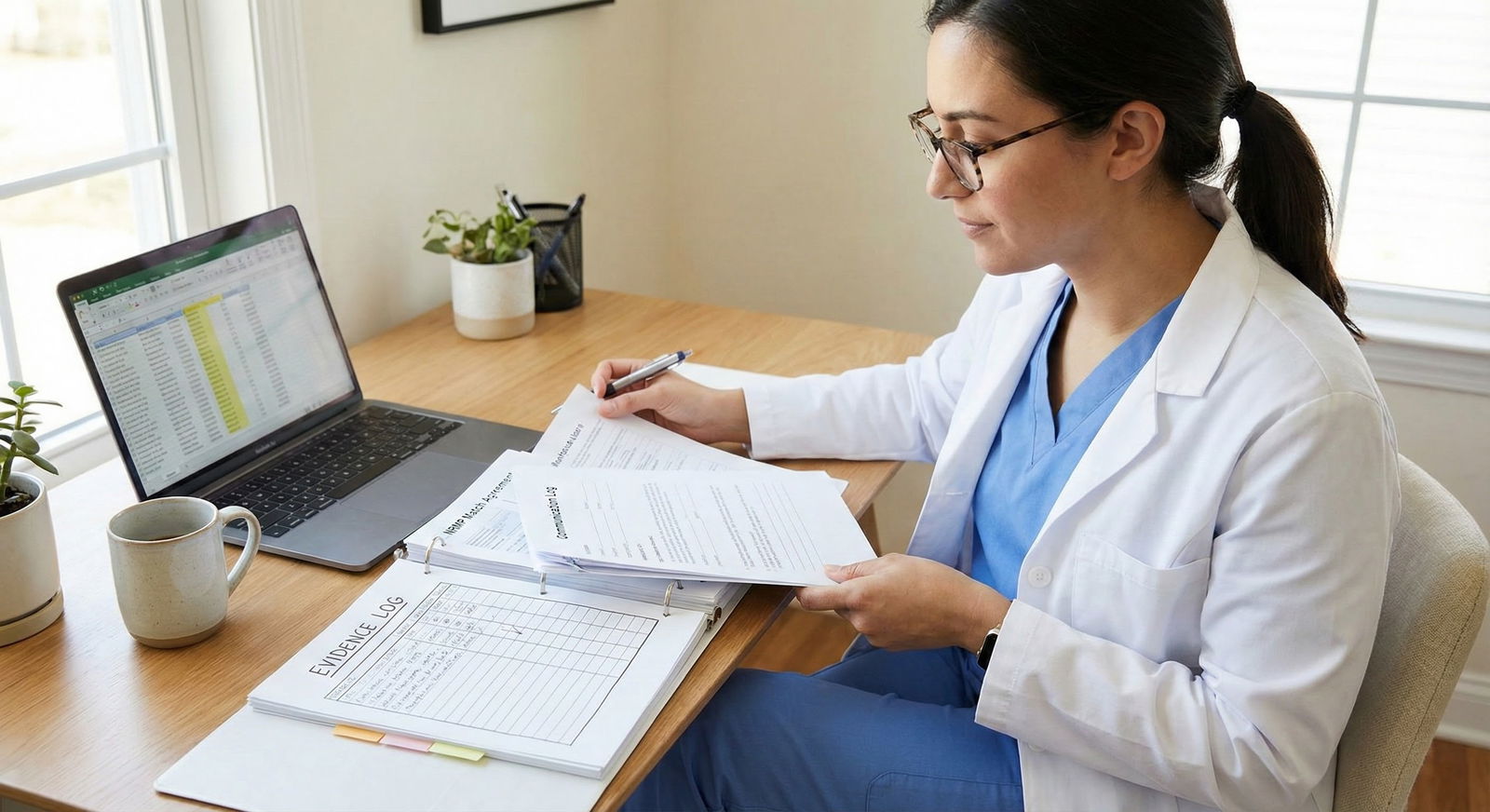 Medical student typing notes on a laptop after clinical shift -  for When an Attending Pressures You to Disclose Your Rank Li