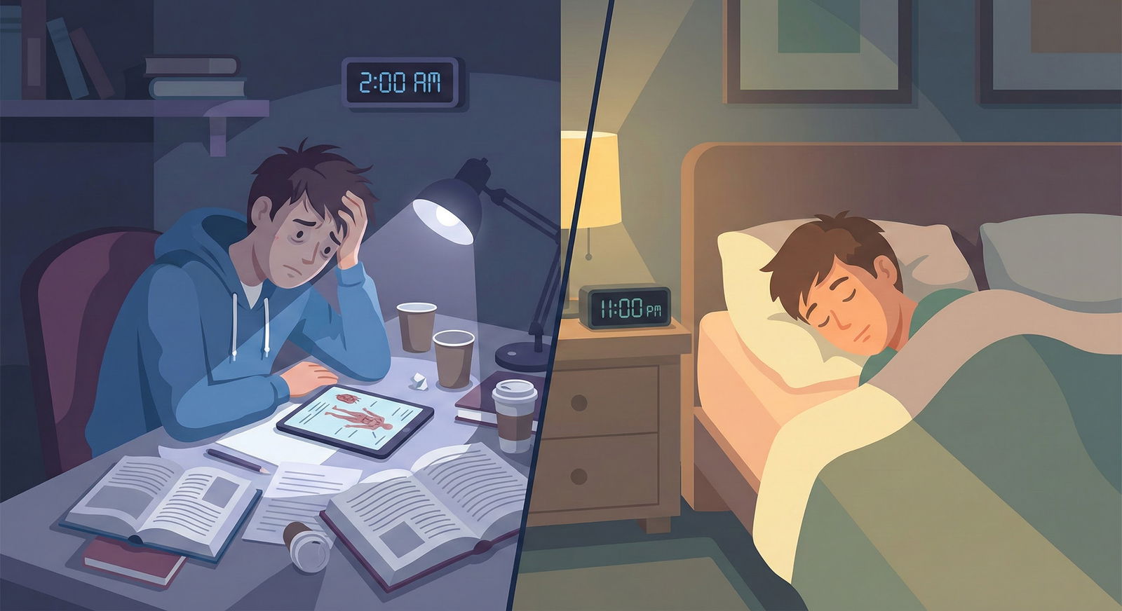 Student choosing between sleeping and late-night studying -  for How Many Hours Should Med Students Actually Sleep Before Big