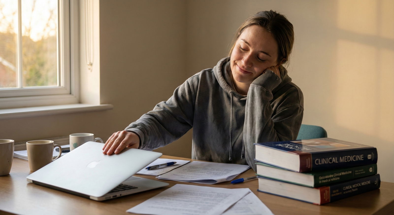 Student closing a laptop to take a break from study overload -  for What If My Classmates Have Way More Review Books Than I D