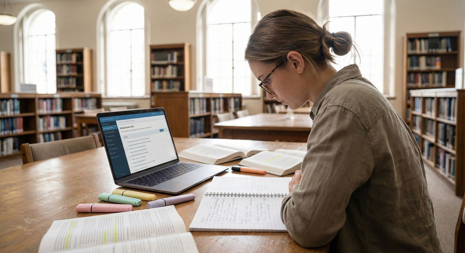 Student doing UWorld questions in a campus library -  for A Month-by-Month Plan to Prep Step 2 CK Without Hurting Clerkships