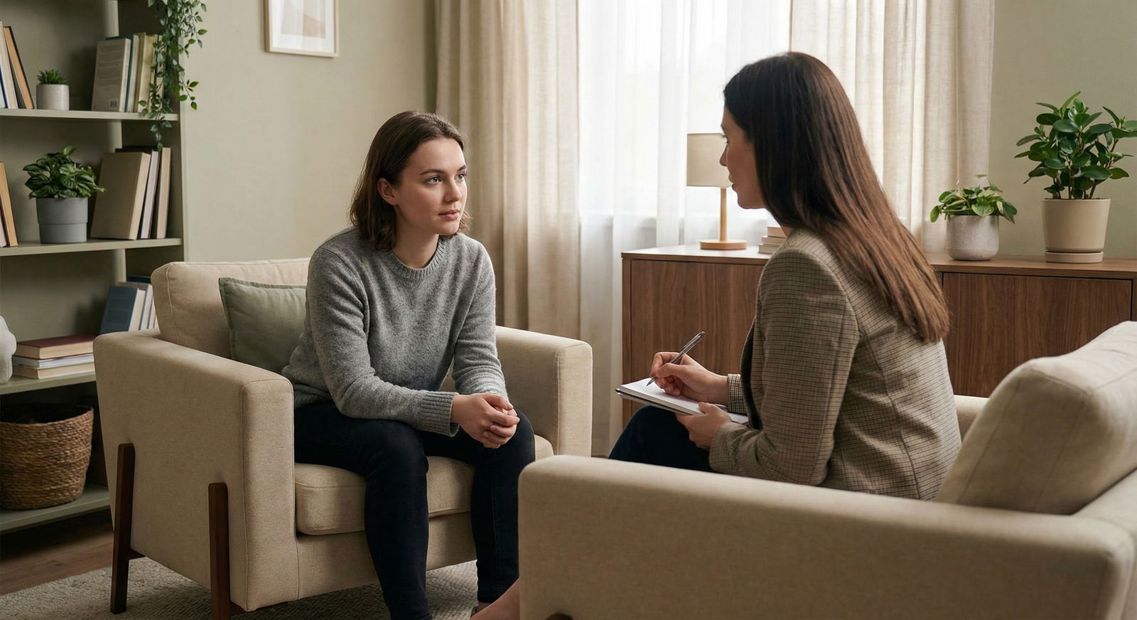 Student meeting with therapist in a quiet counseling office -  for Should I Disclose Test Anxiety in My Dean’s Letter or Pers