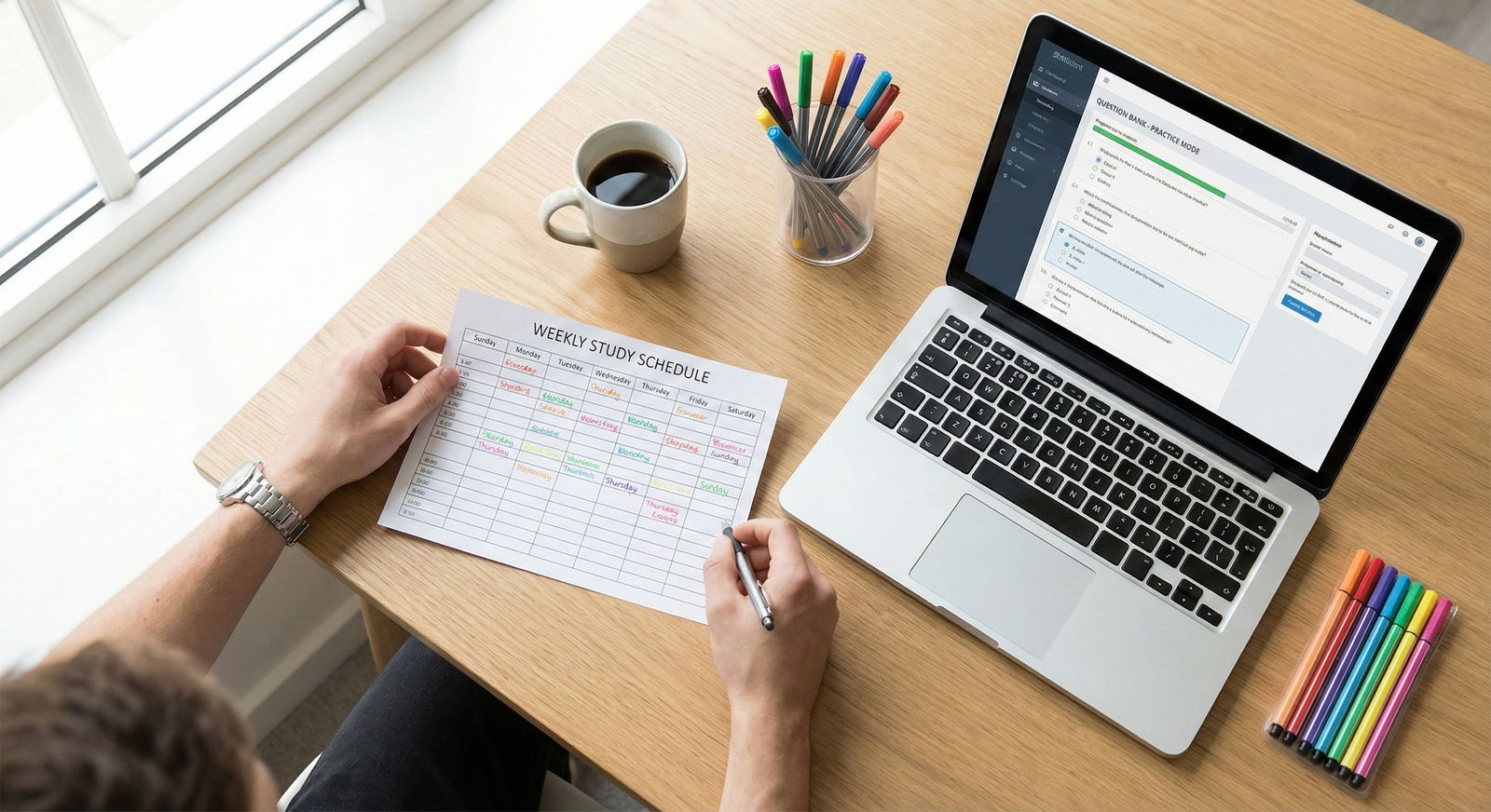 Student planning a streamlined study schedule with Q-bank and practice exams -  for Practice Exam Score Drop After Adding a N