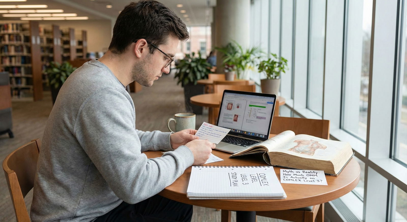 Student reviewing OMM flashcards with laptop and coffee -  for Myth vs Reality: How Much OMM Is Actually on COMLEX Level 3