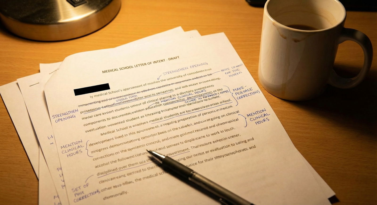 Student revising a letter of intent draft with annotations -  for If You’re Reapplying This Year: Using LOIs to Show Real Gro