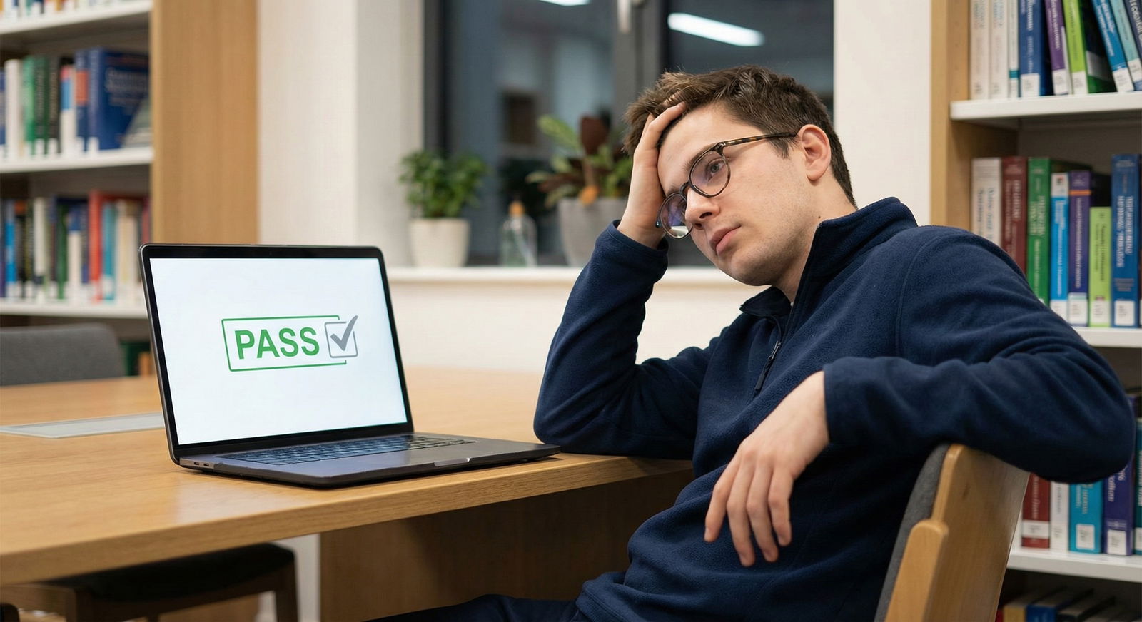 Student staring at laptop screen showing USMLE Step 1 Pass status -  for Did Step 1 Pass/Fail Ruin My Chances at a Competitiv