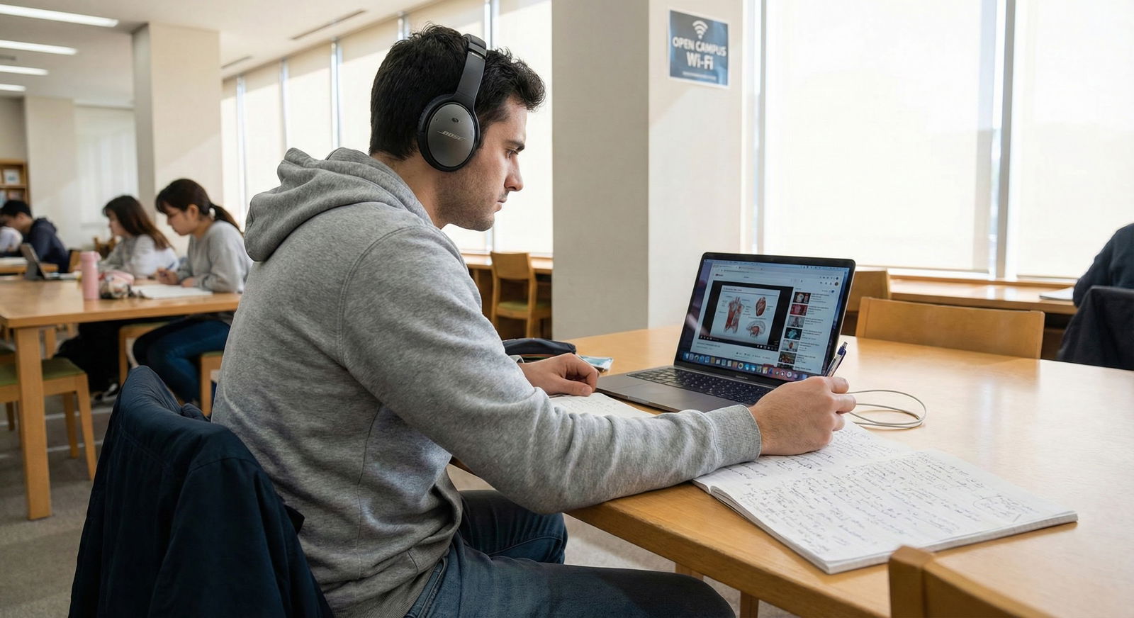 Medical student studying with laptop and printed notes -  for Can I Rely on Class Notes Instead of Commercial Board Books?