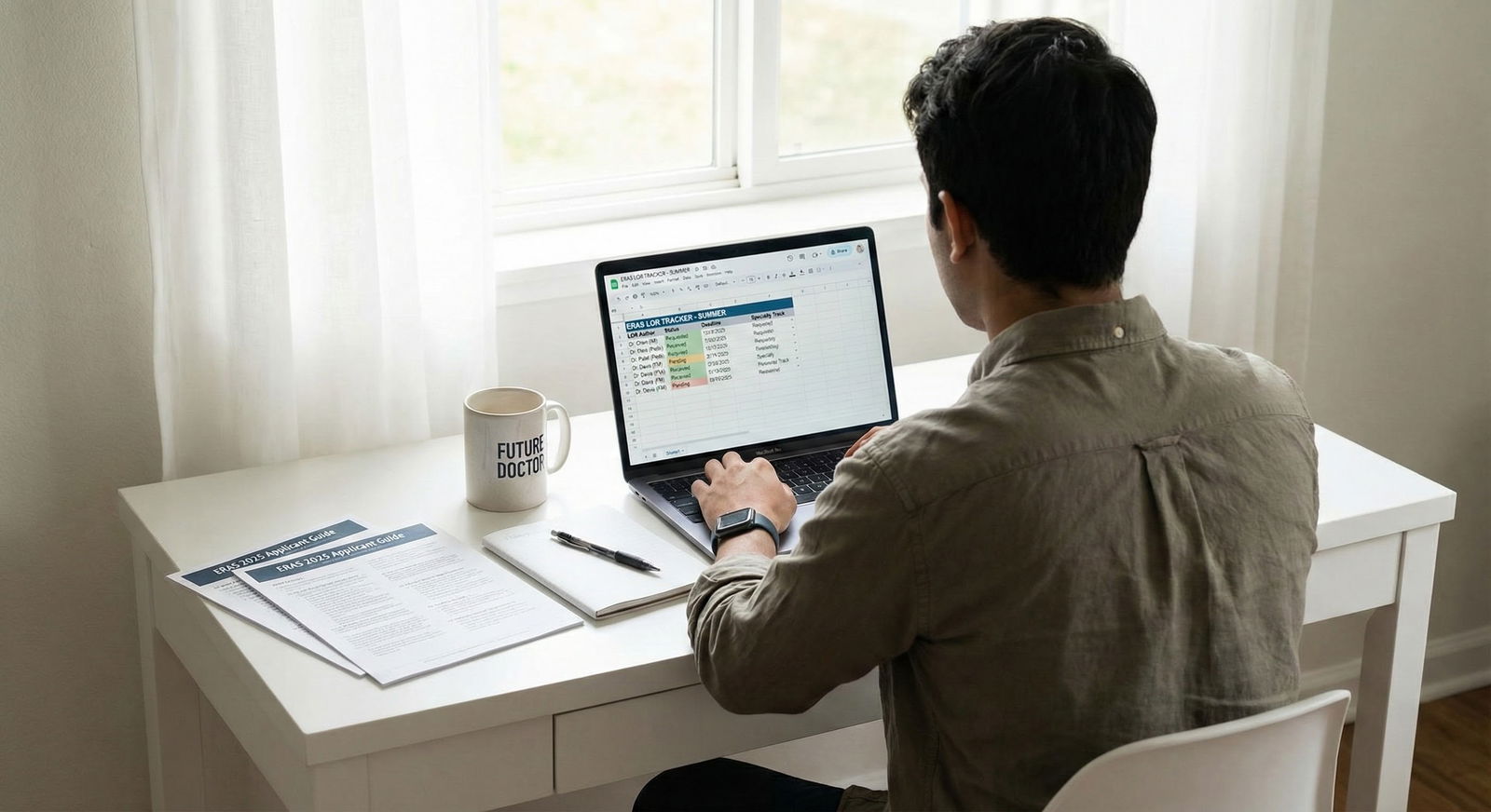 Student tracking LOR status on a laptop with a checklist -  for Pre-ERAS Summer: Collecting Setting-Specific LORs for Each Tr