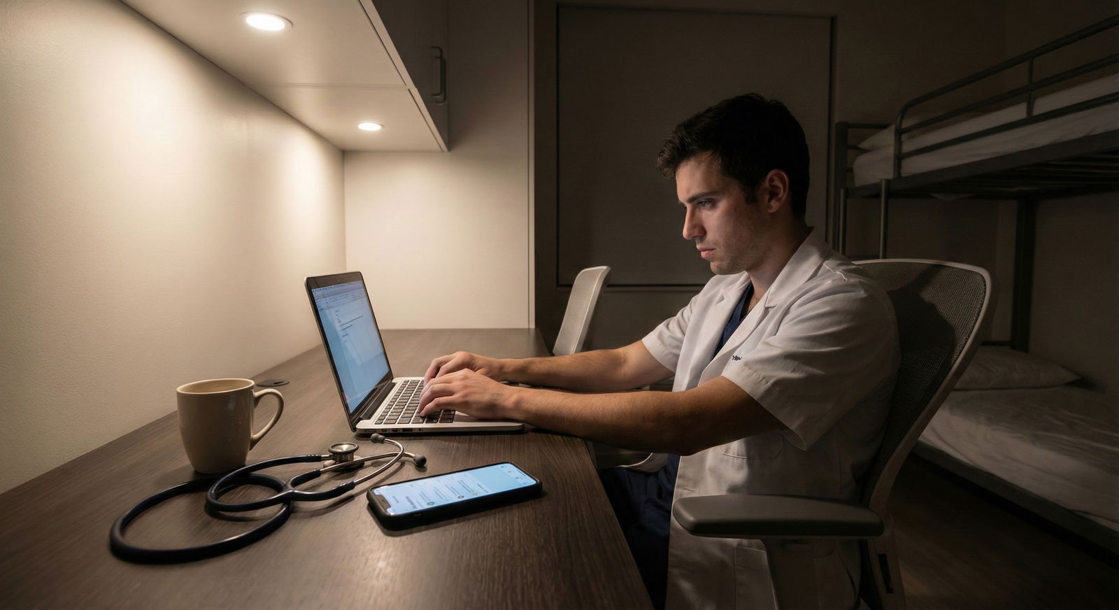 Sub-intern working at computer in hospital call room late at night Sub-intern working at computer in hospital call room late at night - for Mismanaging Call Schedules on Sub‑Is: A Quiet Kille