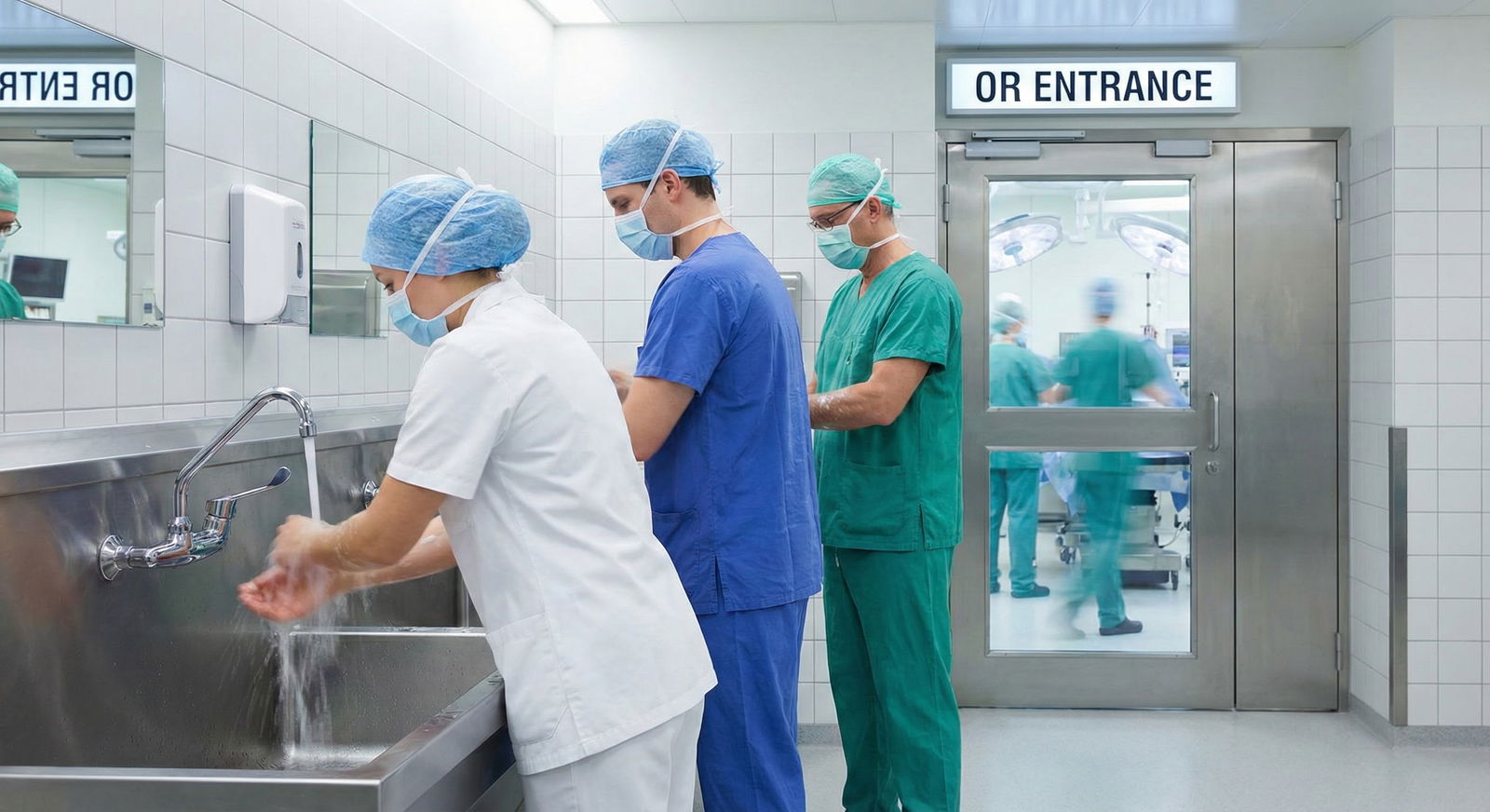 Surgery acting intern scrubbing into an operation with attending and resident Surgery acting intern scrubbing into an operation with attending and resident - for Fine‑Tuning Your Role as ‘Acting Intern’