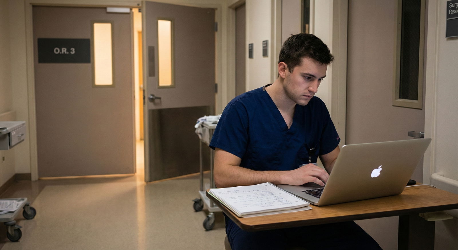 Surgical resident alone at computer late at night -  for I Logged Cases Late and Inconsistently: Does Anyone Actually Check?